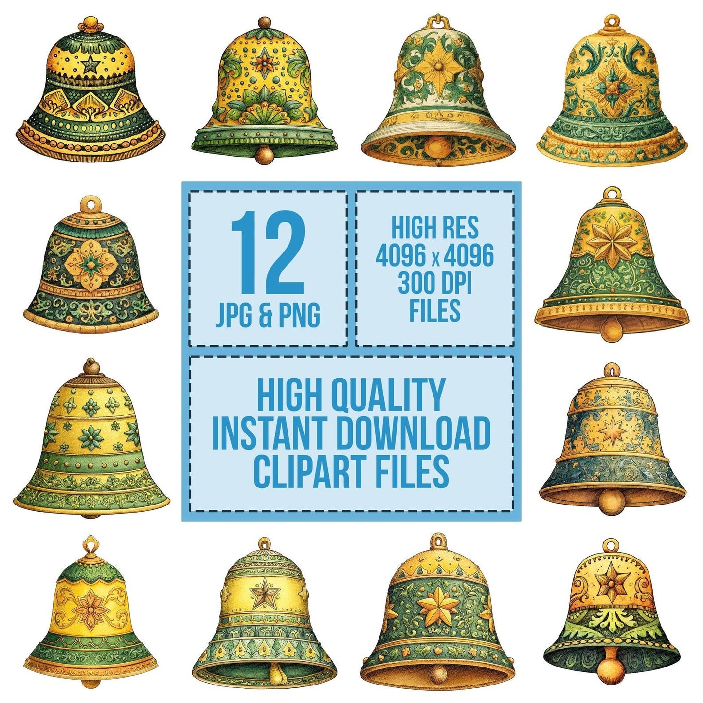Christmas Folk Art Bell Clipart Set (DDD004872)