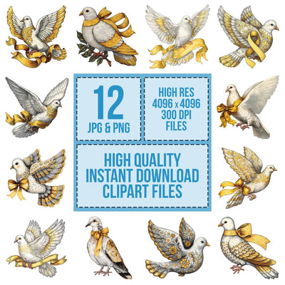 Christmas Folk Art Dove clipart set cover showing the designs and file details