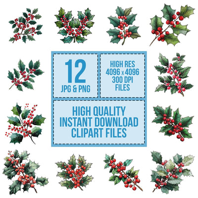 Christmas Folk Art Holly clipart set cover showing the designs and file details