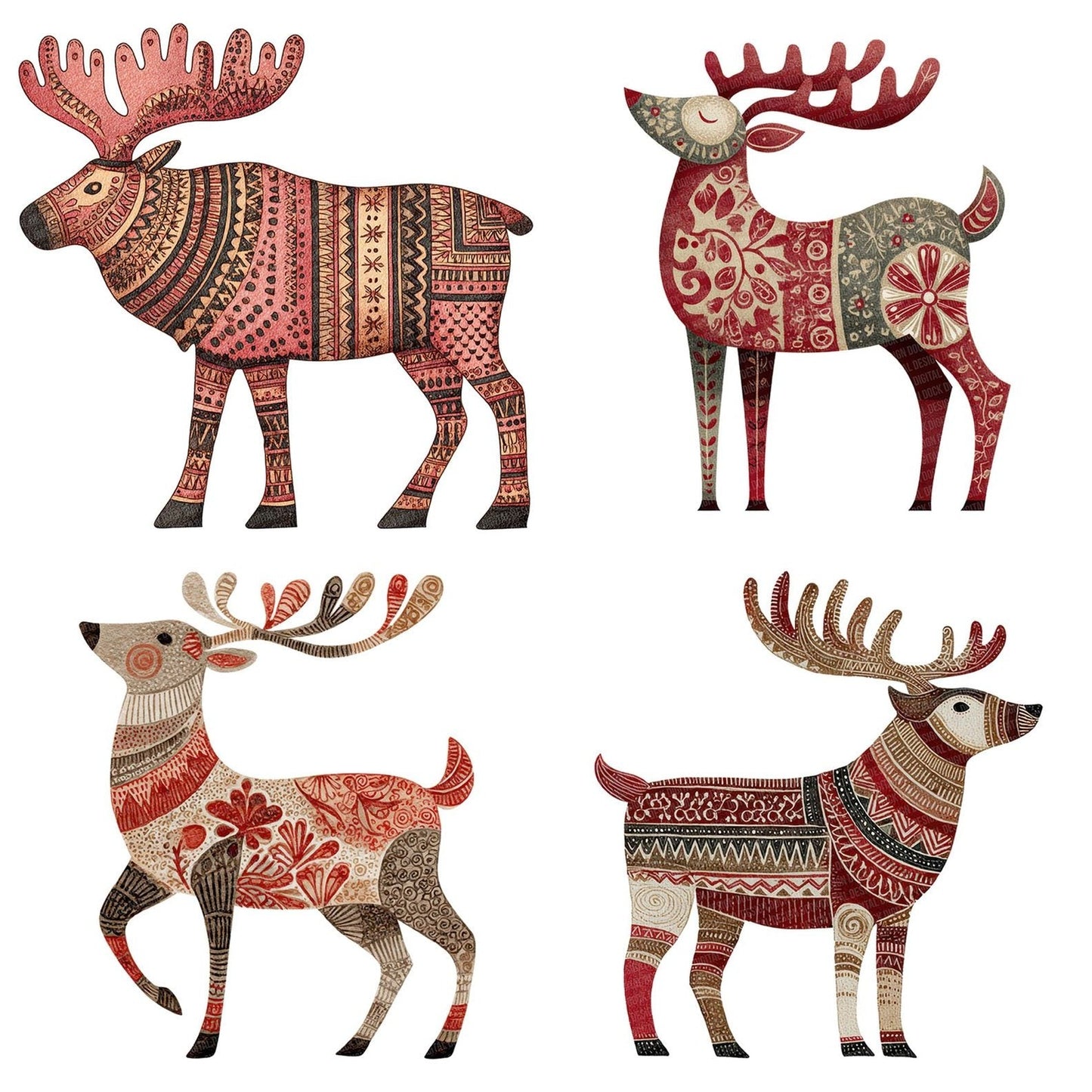 Christmas Folk Art Reindeer Clipart Set (DDD004880)