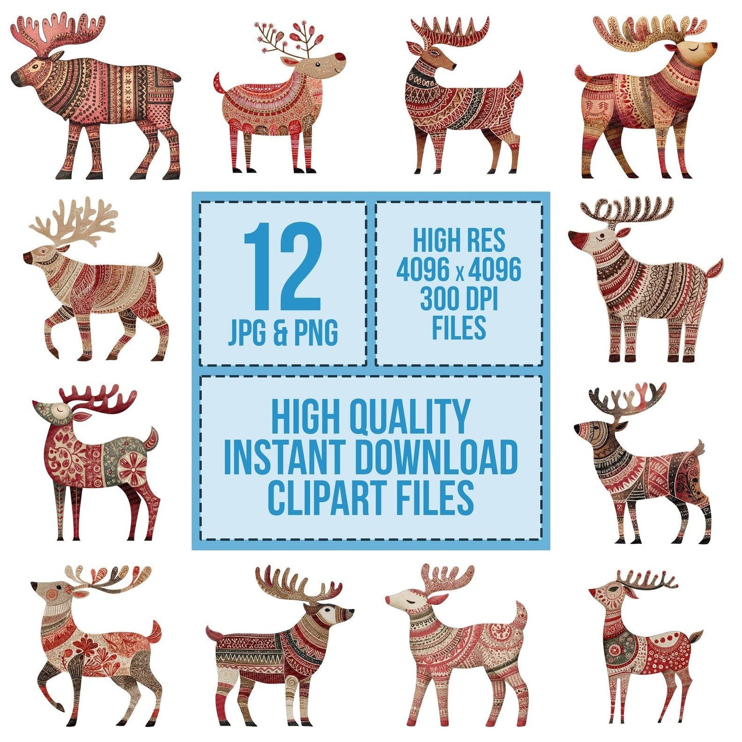 Christmas Folk Art Reindeer Clipart Set (DDD004880)