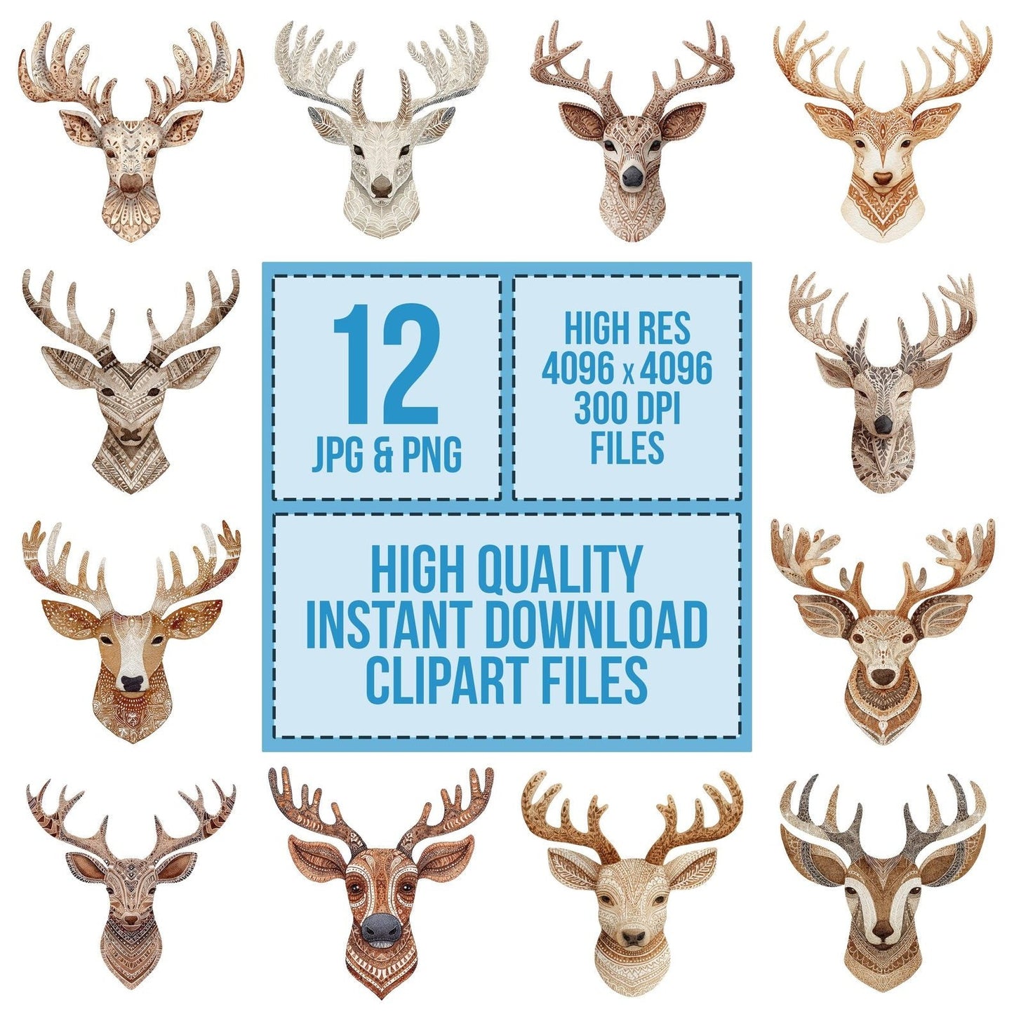 Christmas Folk Art Reindeer Head Clipart Set (DDD004882)