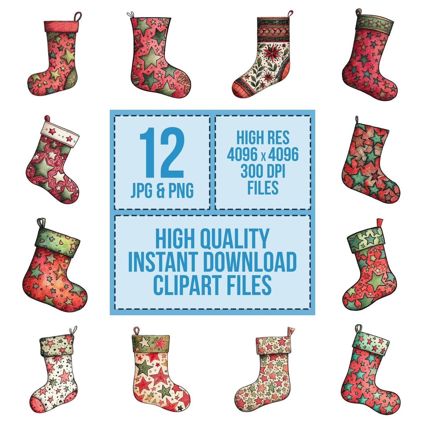 Christmas Folk Art Stocking Clipart Set (DDD004885)