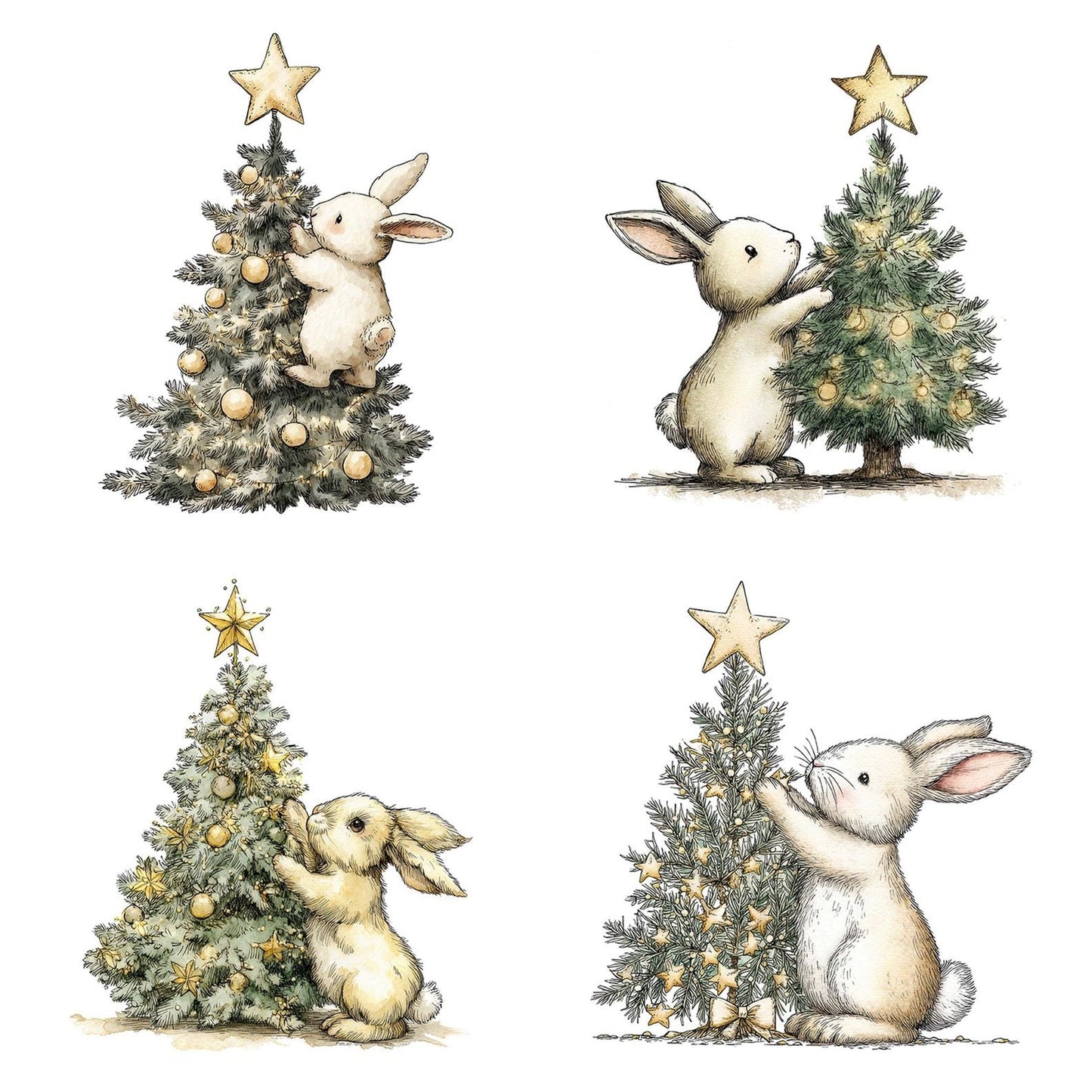 Christmas Rabbit Decorating Tree Clipart Set (DDD004902)