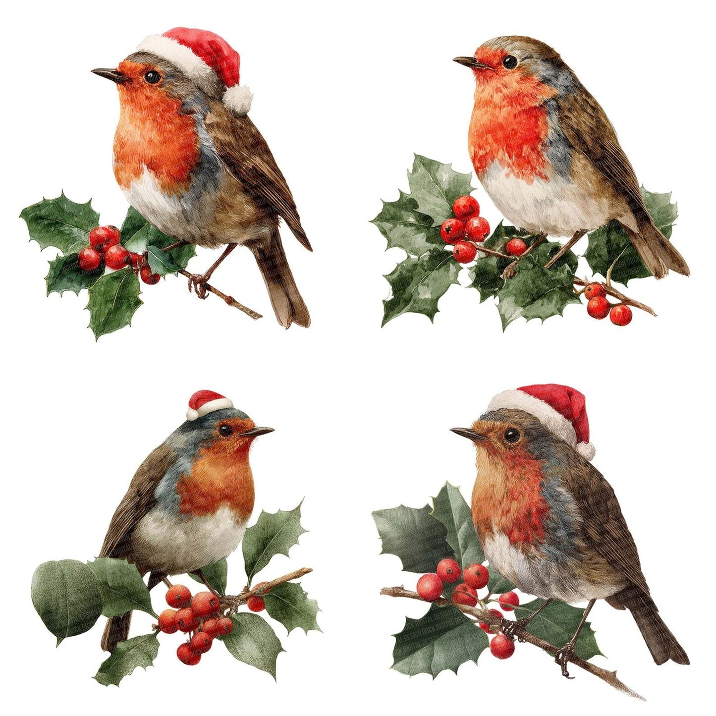 Christmas Robin on Holly Branch Clipart Set (DDD004904)