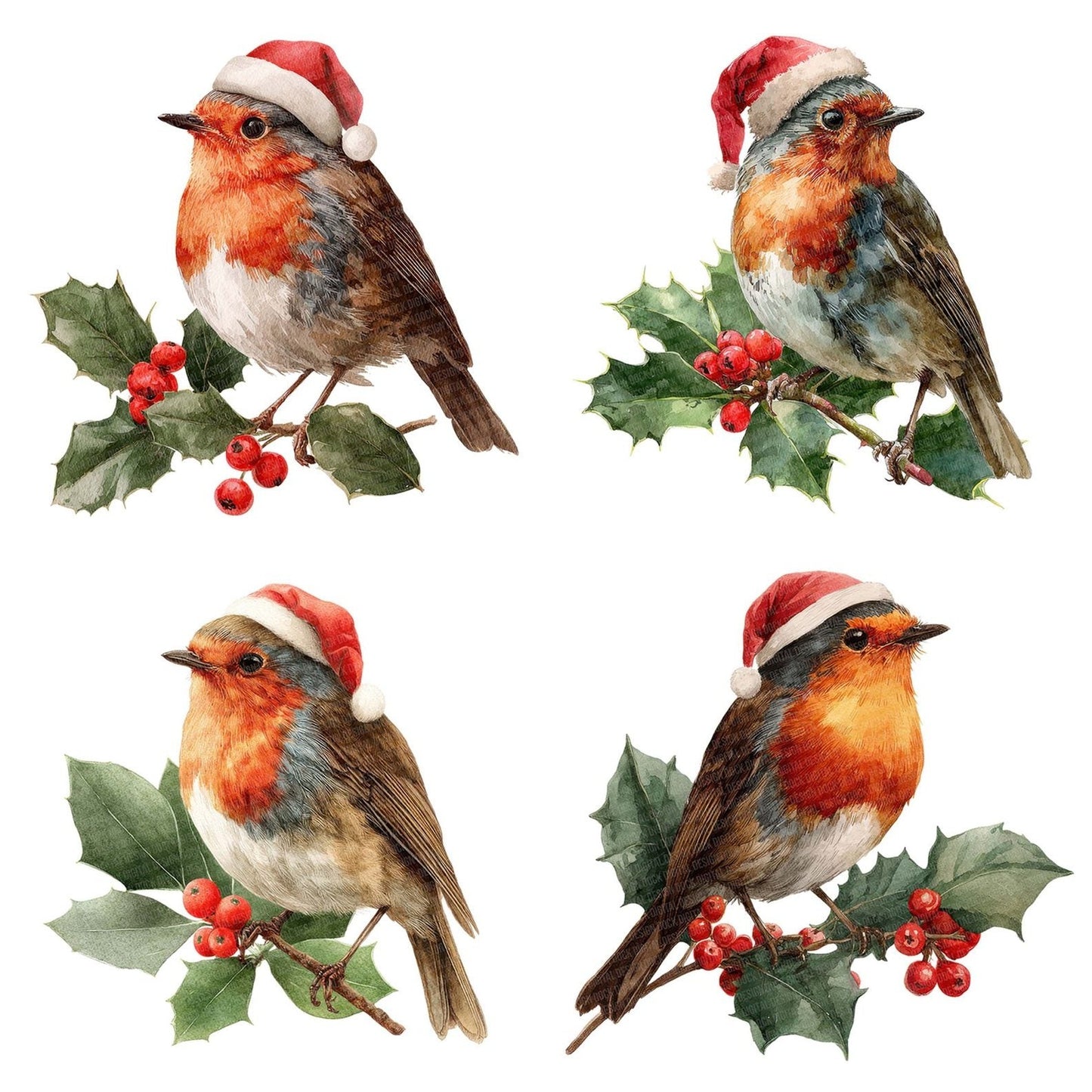 Christmas Robin on Holly Branch Clipart Set (DDD004904)