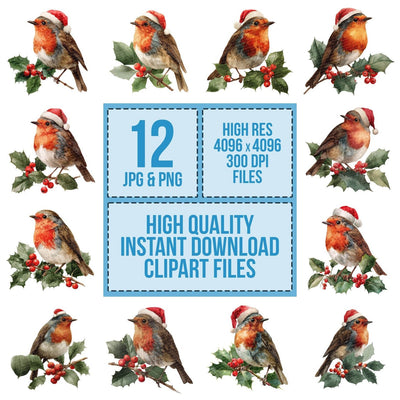Christmas Robin on Holly Branch clipart set cover showing the designs and file details