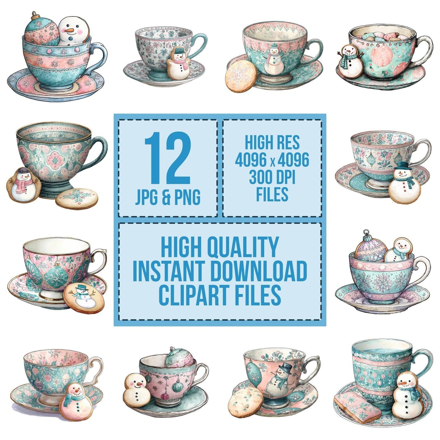 Christmas Teacup Snowman Cookie Clipart Set (DDD004912)