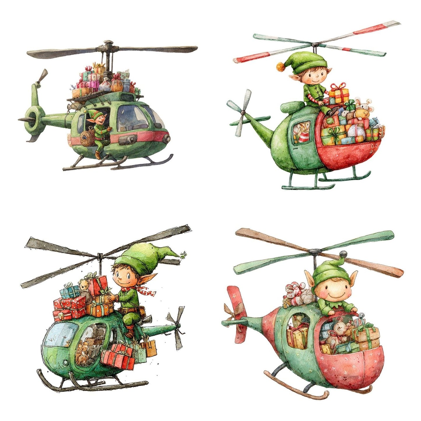 Christmas Watercolour Elf Helicopter Clipart Set (DDD004923)