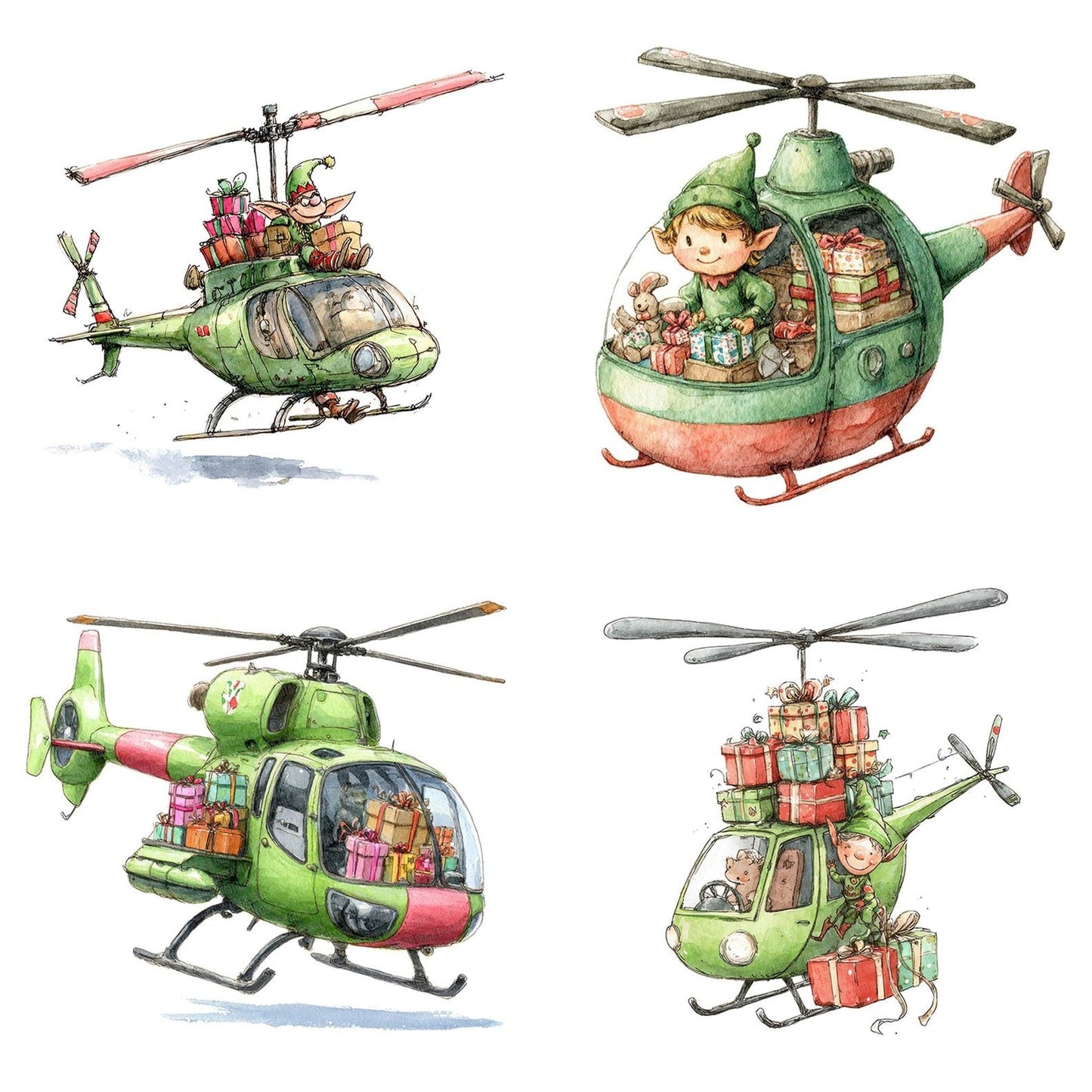 Christmas Watercolour Elf Helicopter Clipart Set (DDD004923)