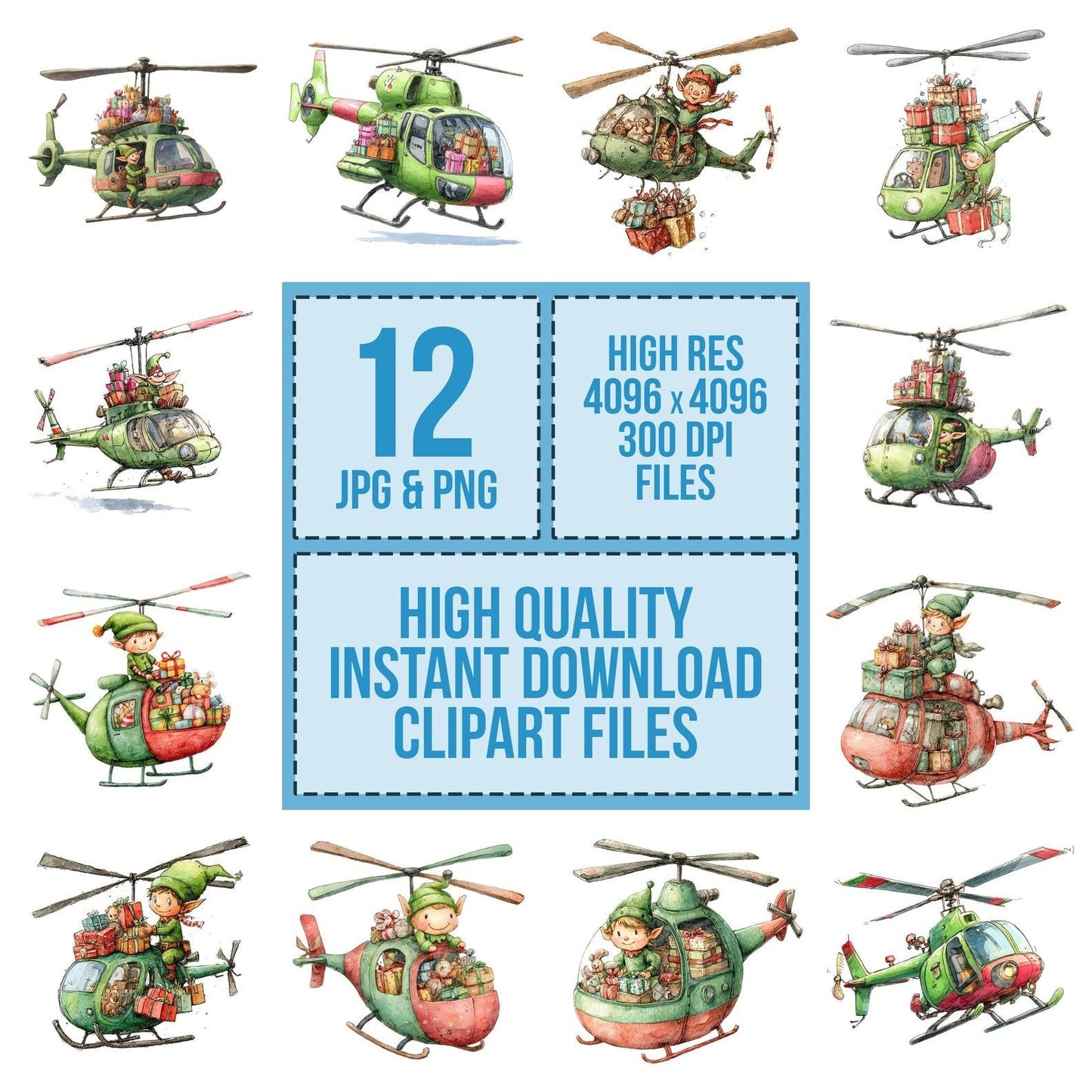 Christmas Watercolour Elf Helicopter Clipart Set (DDD004923)