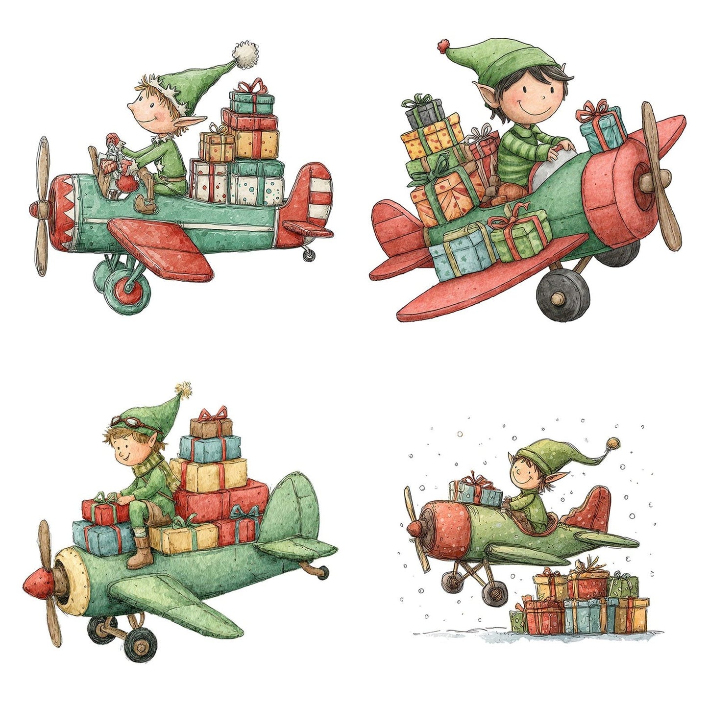 Christmas Watercolour Elf Plane Clipart Set (DDD004925)
