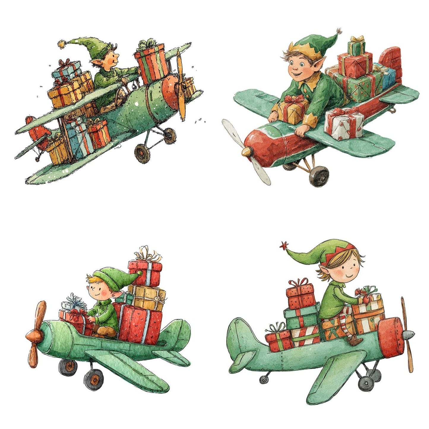 Christmas Watercolour Elf Plane Clipart Set (DDD004925)