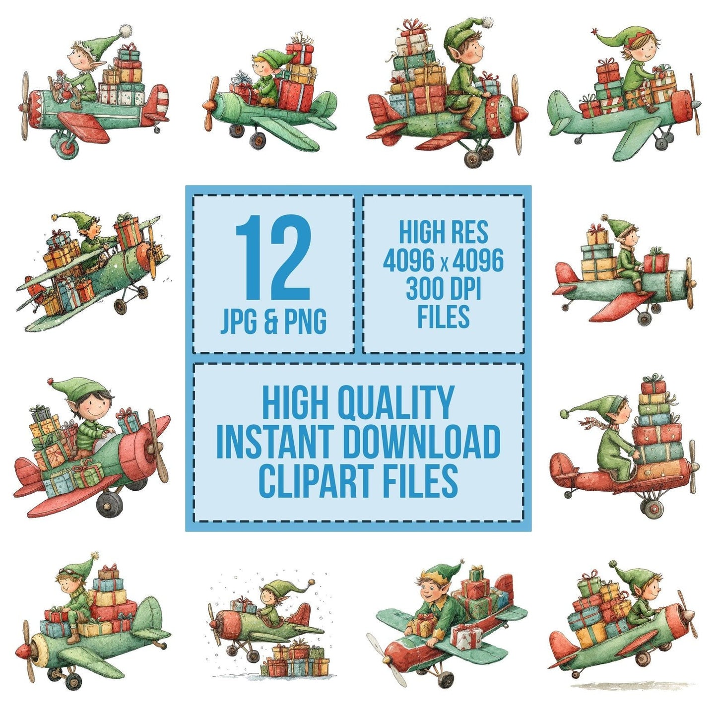 Christmas Watercolour Elf Plane Clipart Set (DDD004925)