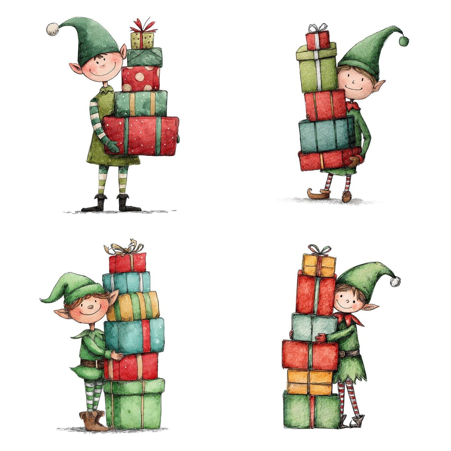 Christmas Watercolour Elf Presents Clipart Set (DDD004927)
