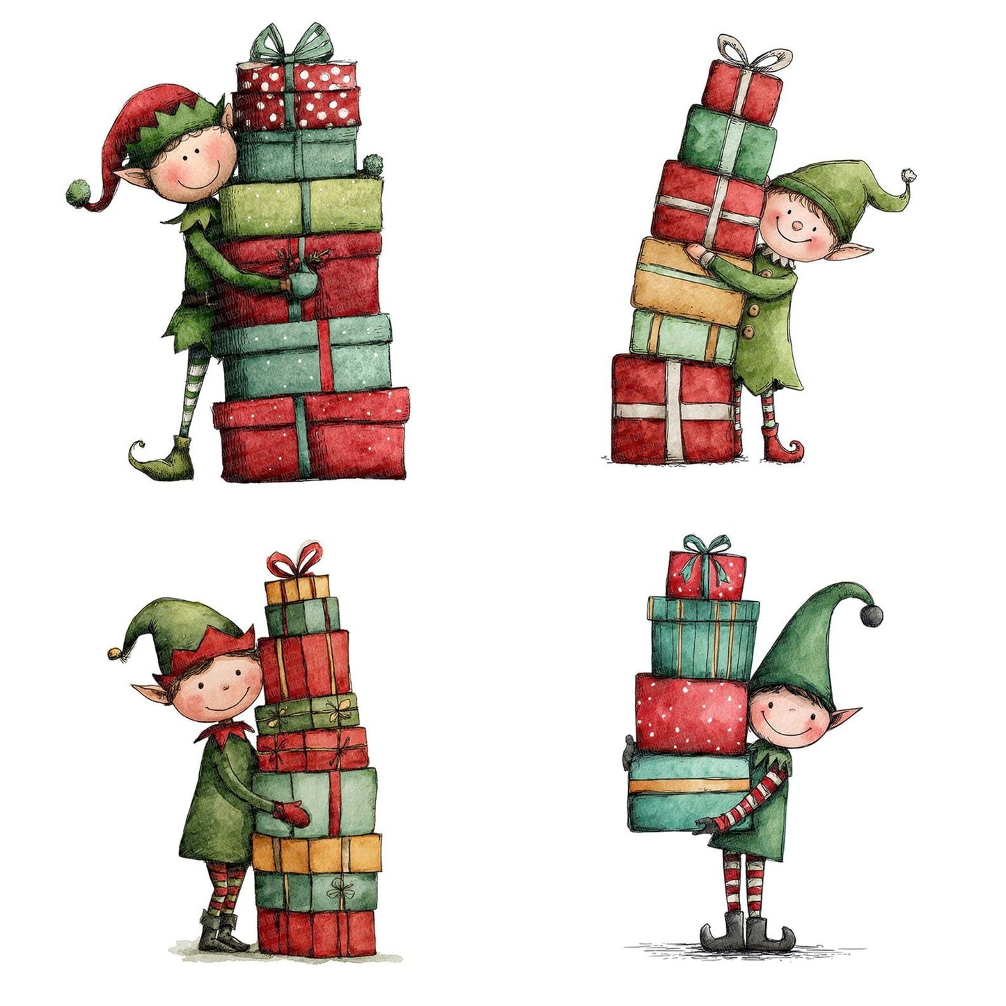 Christmas Watercolour Elf Presents Clipart Set (DDD004927)