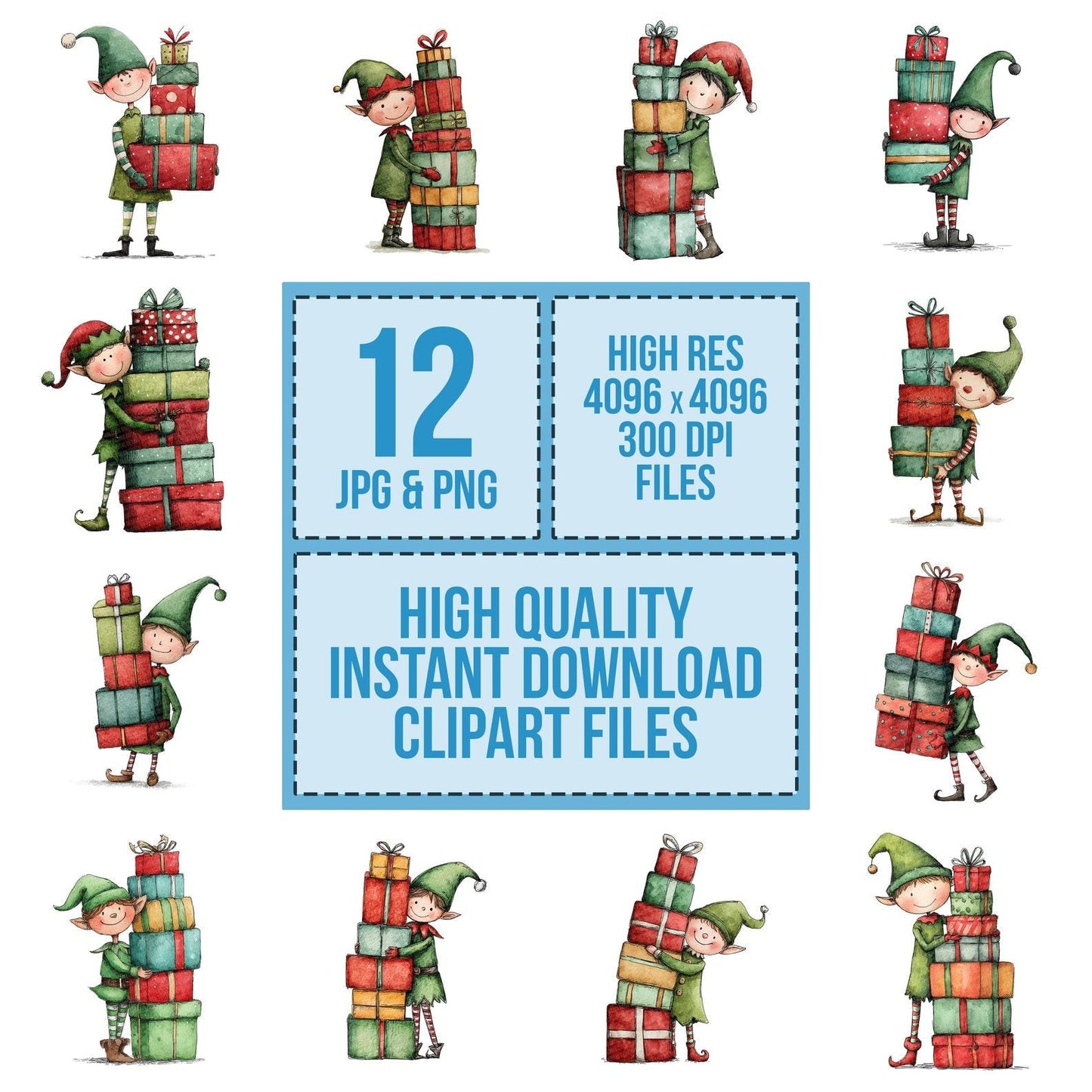 Christmas Watercolour Elf Presents Clipart Set (DDD004927)