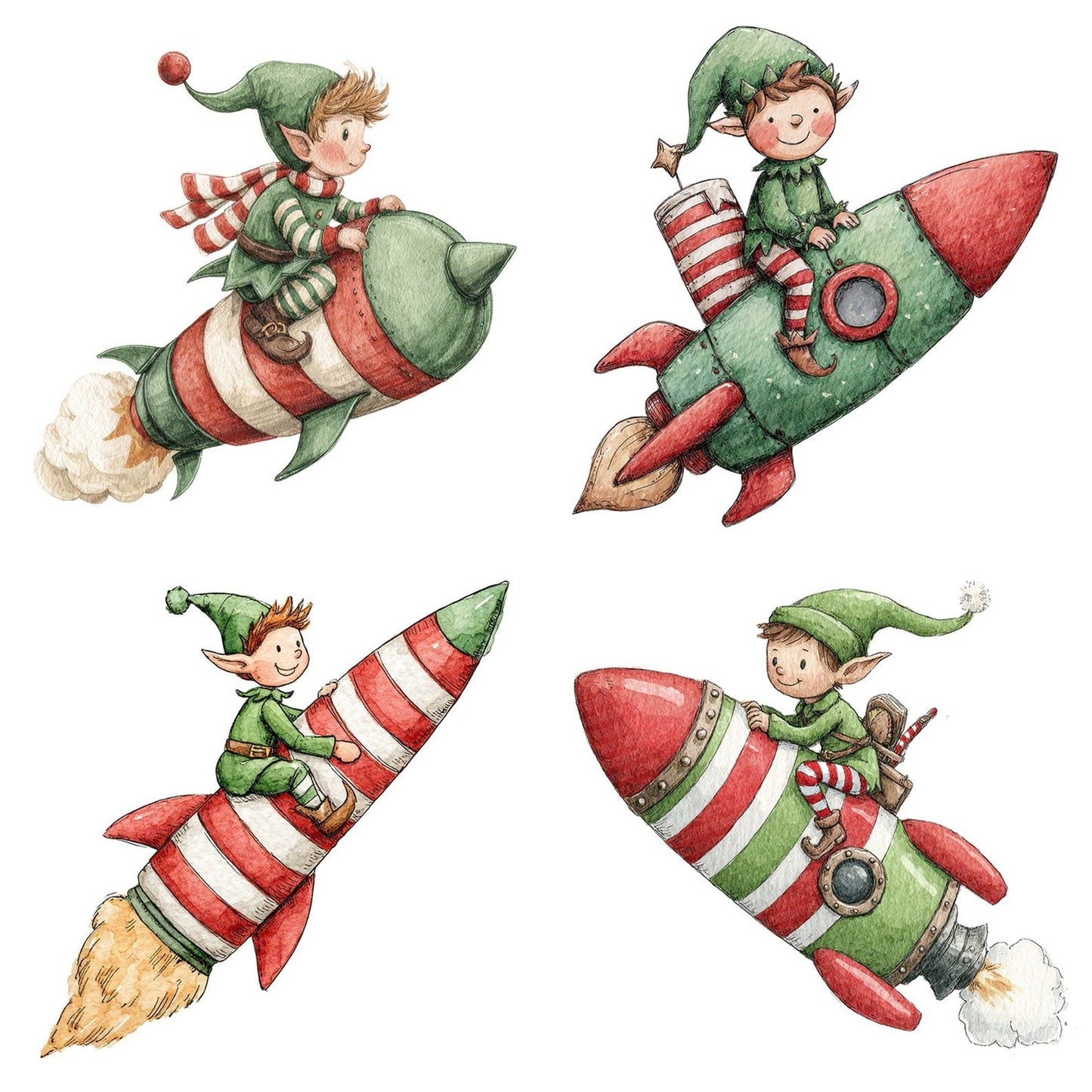 Christmas Watercolour Elf Rocket Clipart Set (DDD004928)