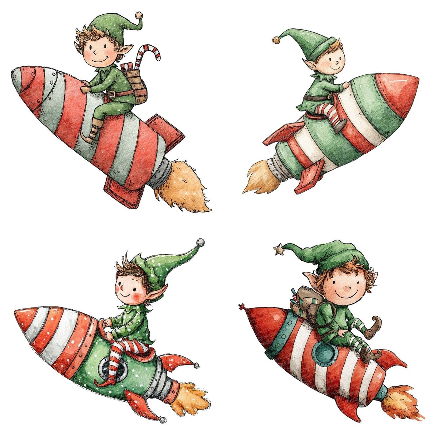 Christmas Watercolour Elf Rocket Clipart Set (DDD004928)