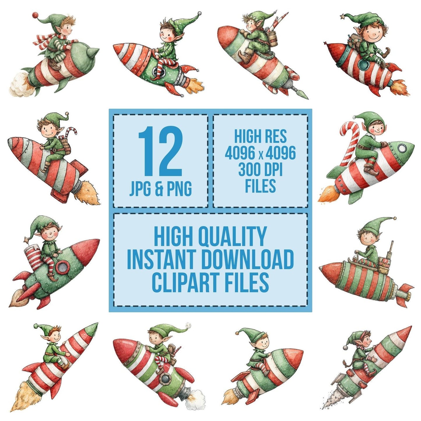 Christmas Watercolour Elf Rocket Clipart Set (DDD004928)