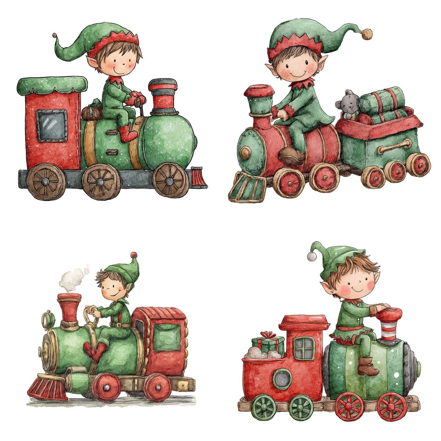 Christmas Watercolour Elf Train Clipart Set (DDD004929)