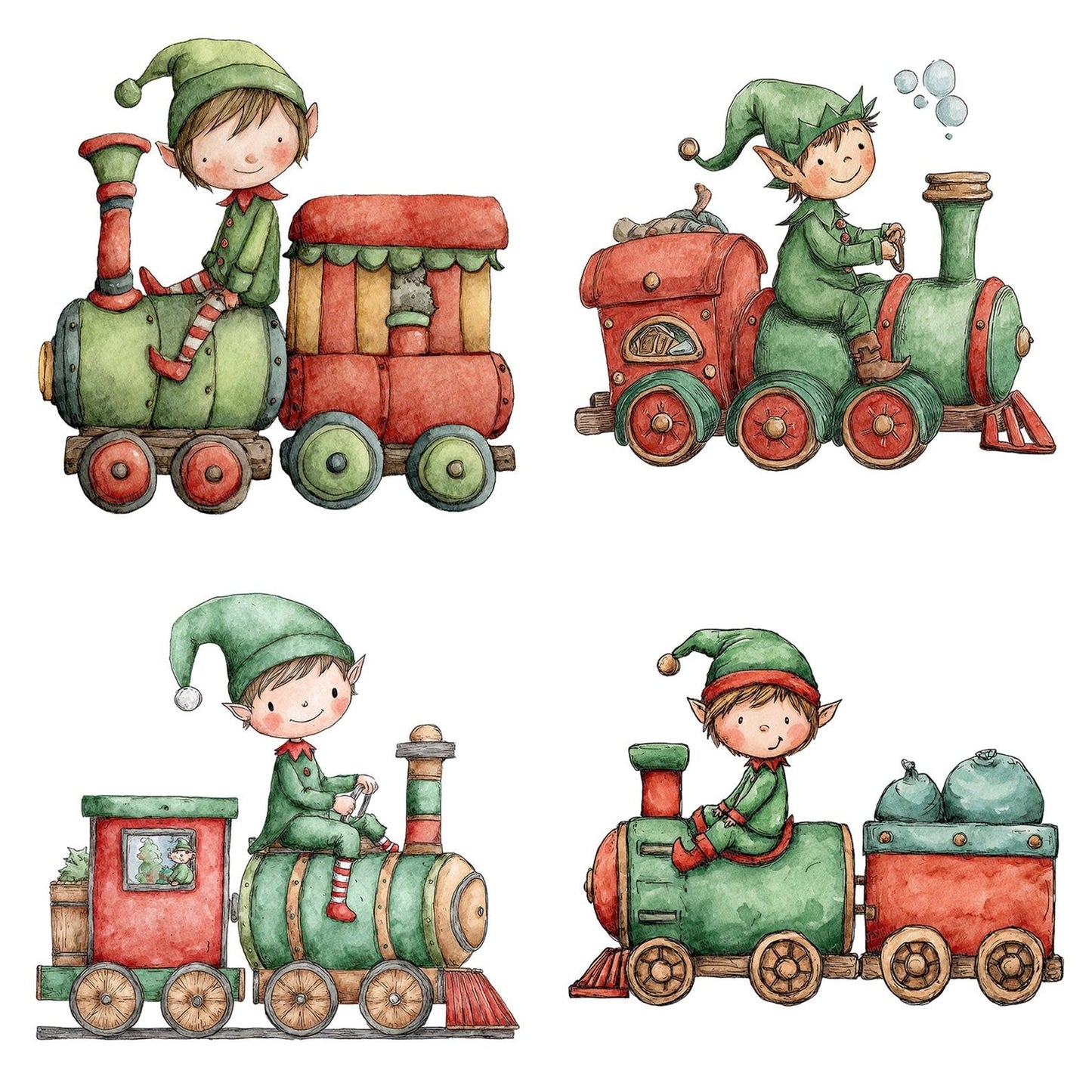 Christmas Watercolour Elf Train Clipart Set (DDD004929)