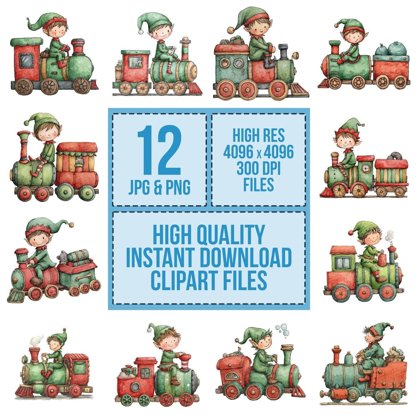 Christmas Watercolour Elf Train Clipart Set (DDD004929)