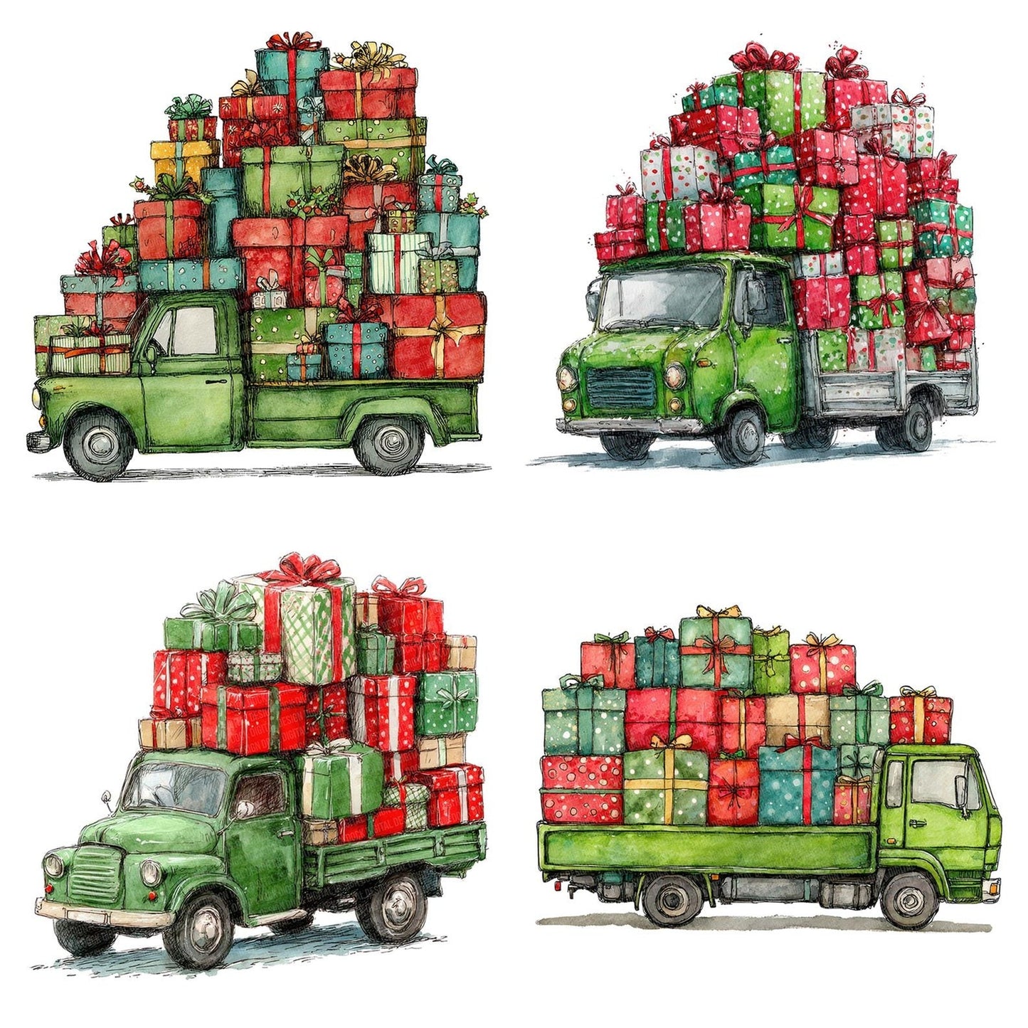 Christmas Watercolour Lorry Gifts Clipart Set (DDD004934)
