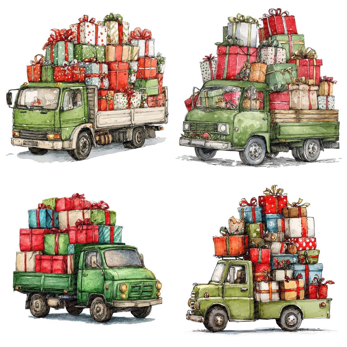 Christmas Watercolour Lorry Gifts Clipart Set (DDD004934)