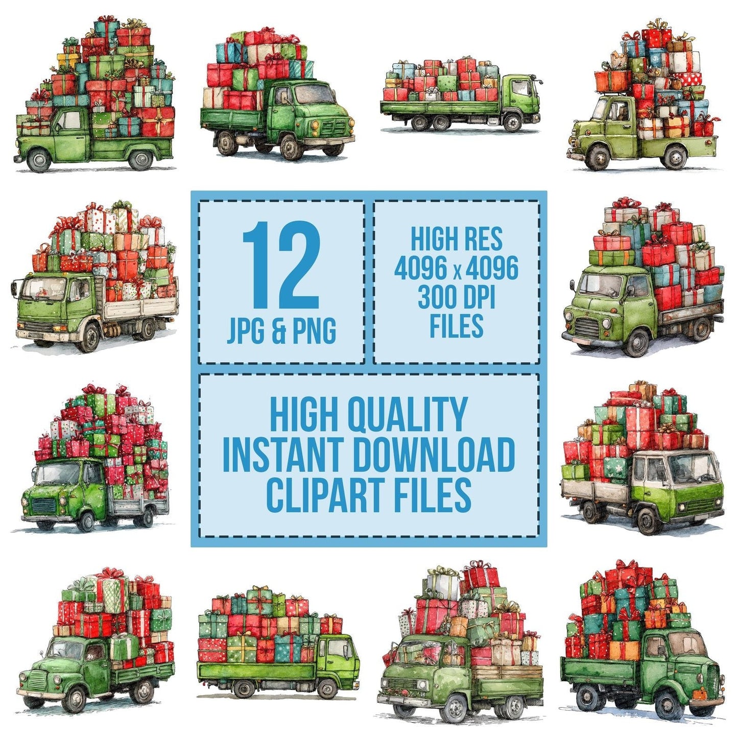 Christmas Watercolour Lorry Gifts Clipart Set (DDD004934)