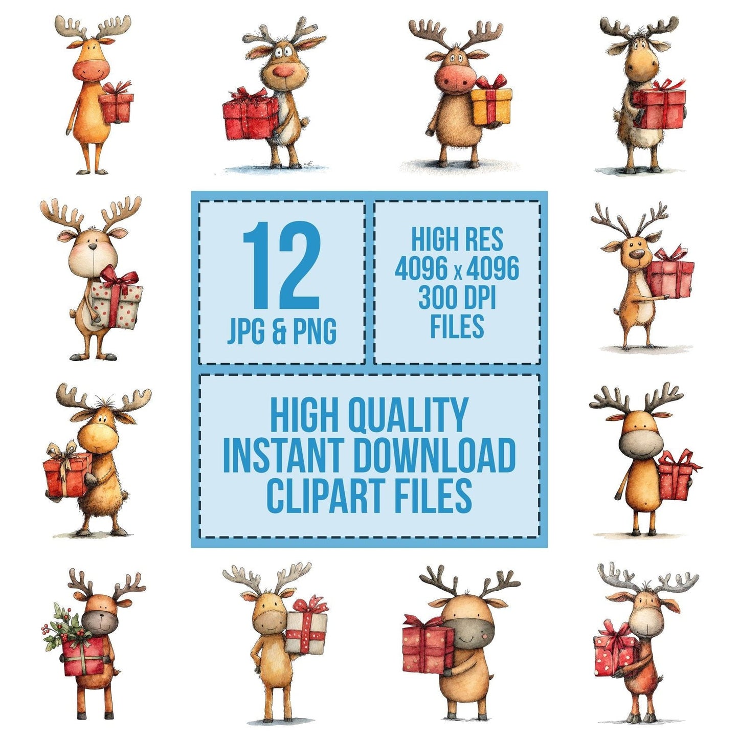 Christmas Watercolour Reindeer Gift Clipart Set (DDD004937)
