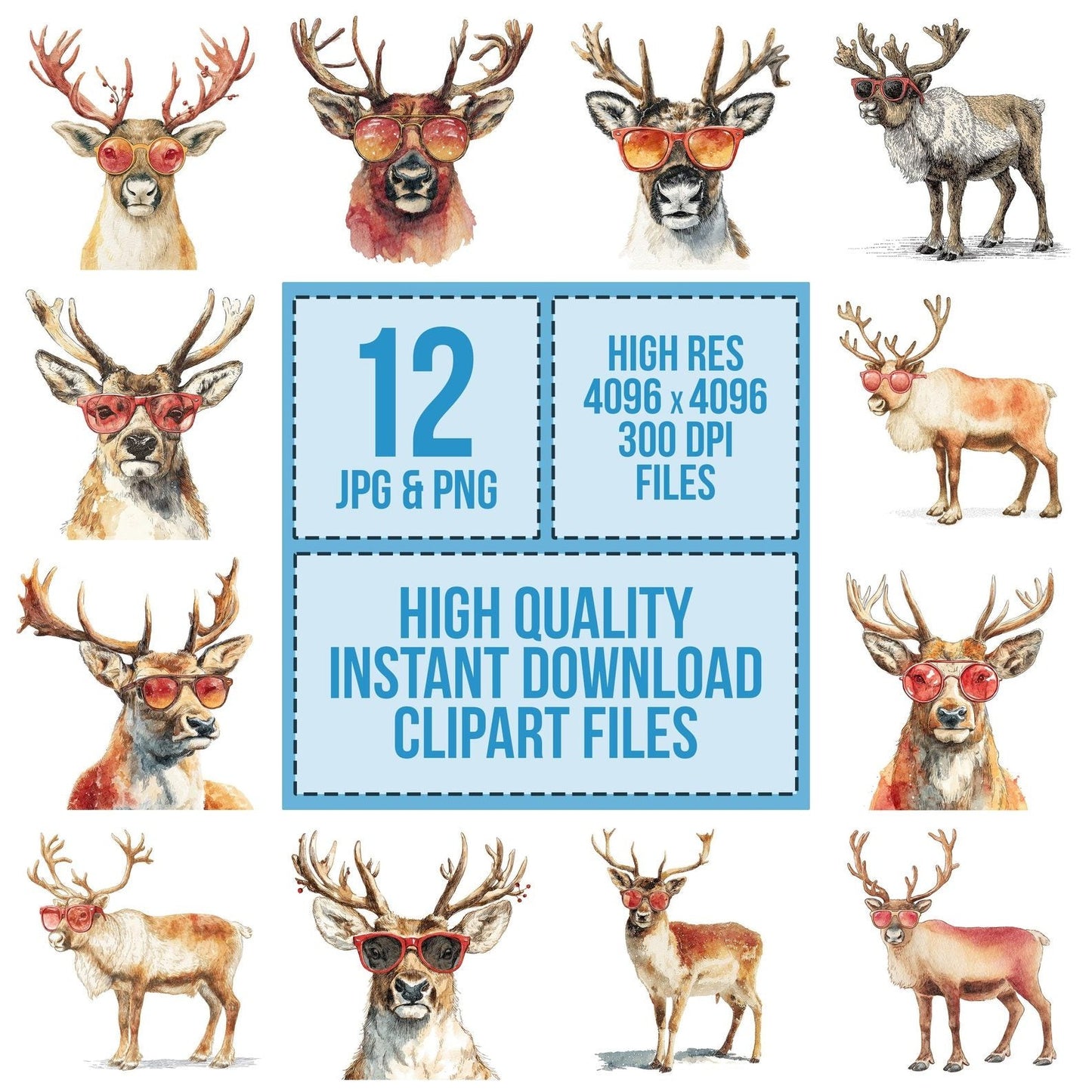 Christmas Watercolour Reindeer Glasses Clipart Set (DDD004938)