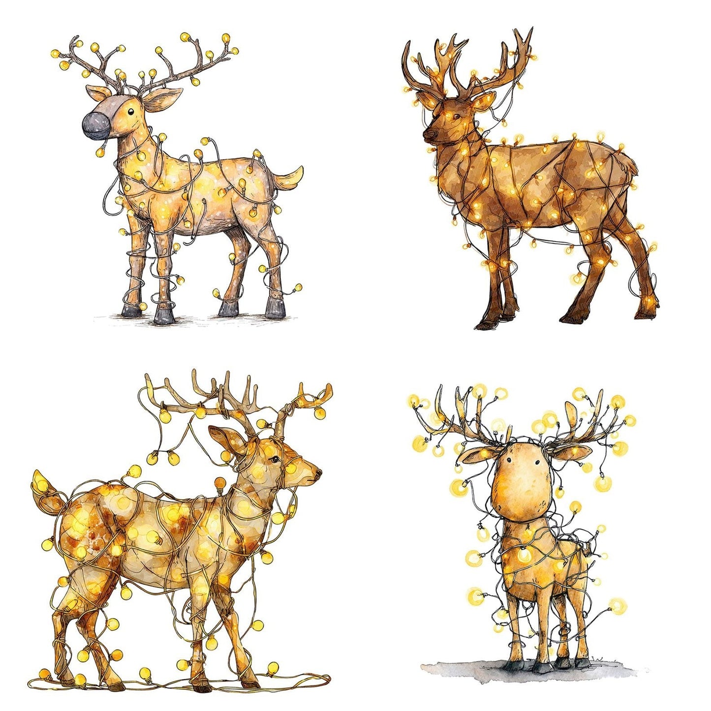 Christmas Watercolour Reindeer Lights Clipart Set (DDD004939)