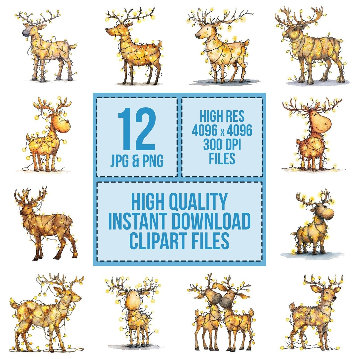 Christmas Watercolour Reindeer Lights Clipart Set (DDD004939)