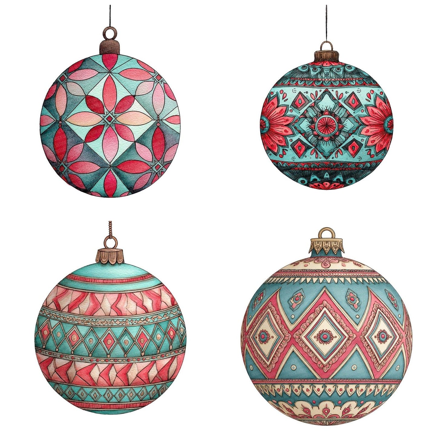 Christmas Watercolour Retro Bauble Clipart Set (DDD004942)