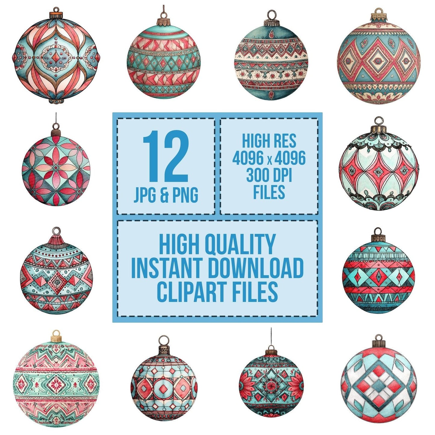 Christmas Watercolour Retro Bauble Clipart Set (DDD004942)