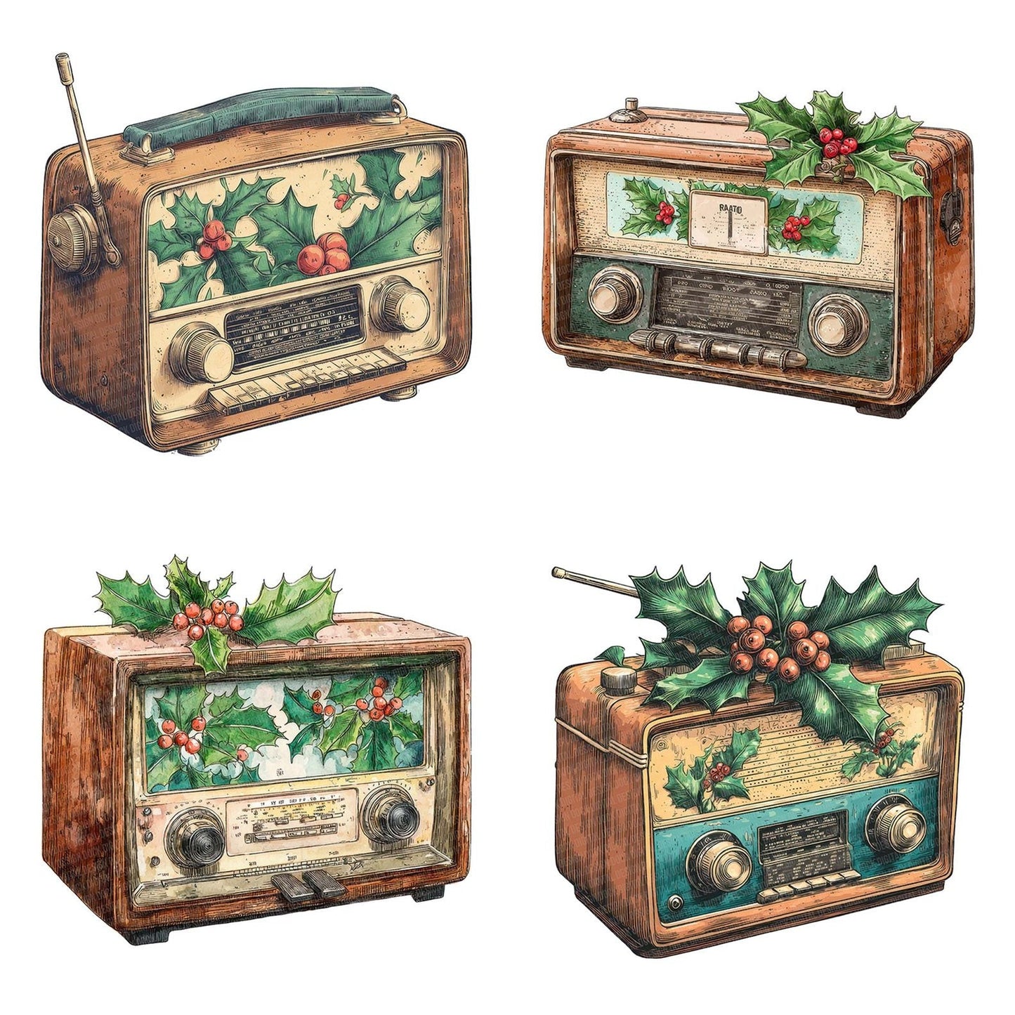 Christmas Watercolour Retro Radio Clipart Set (DDD004943)