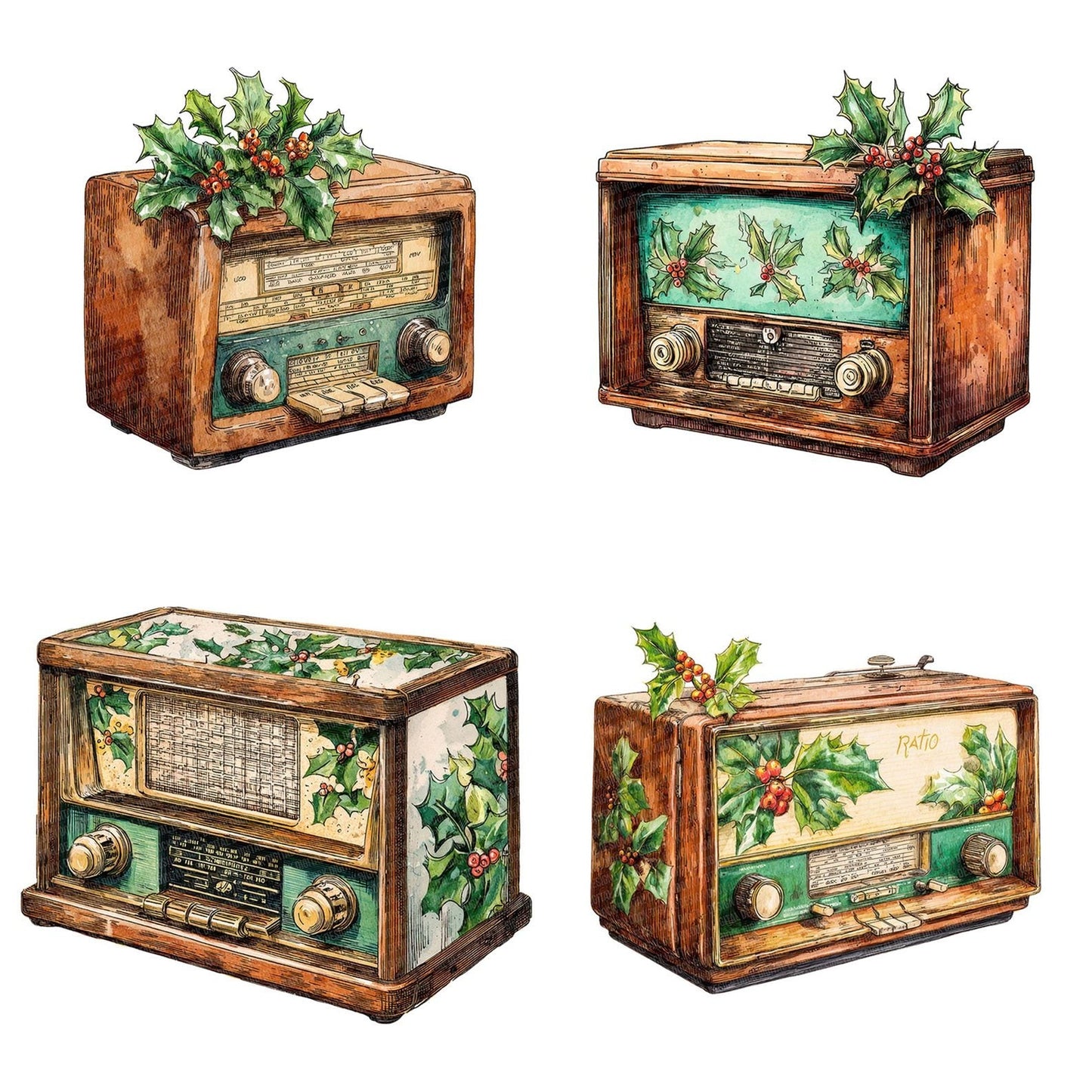 Christmas Watercolour Retro Radio Clipart Set (DDD004943)