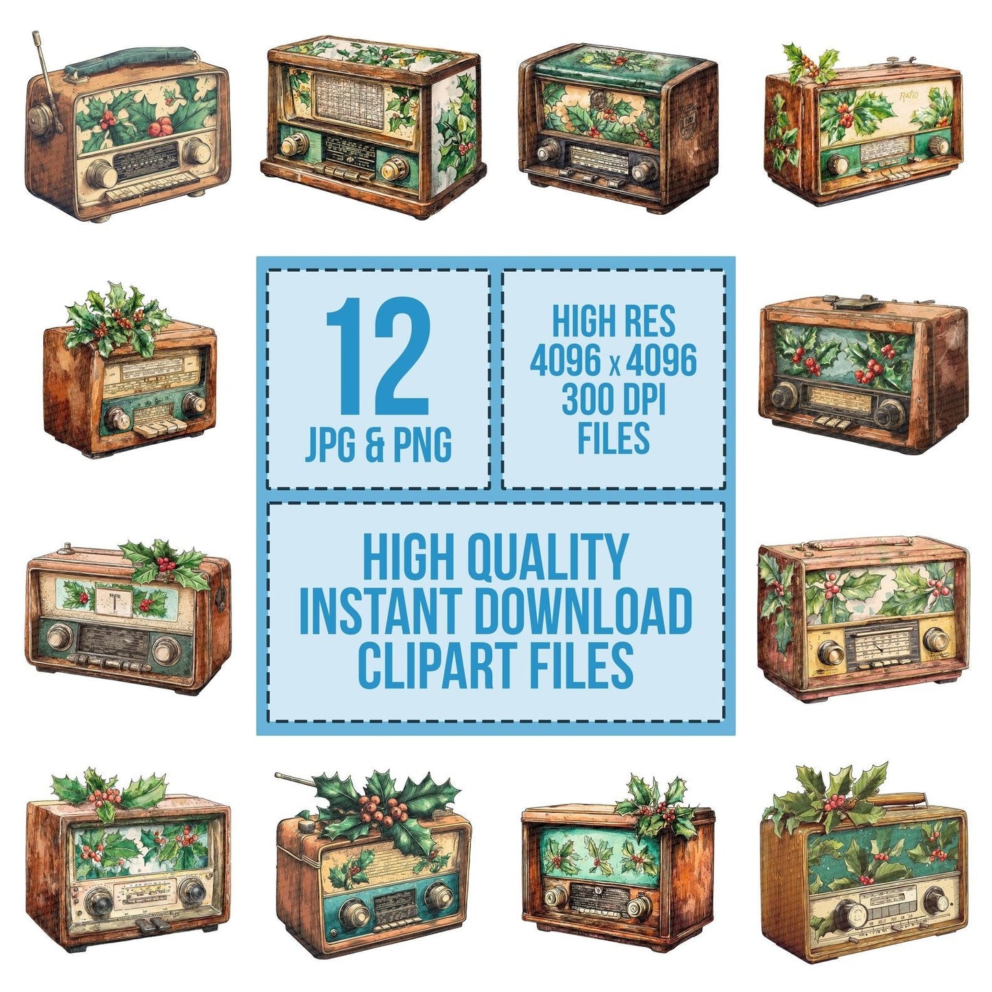 Christmas Watercolour Retro Radio Clipart Set (DDD004943)