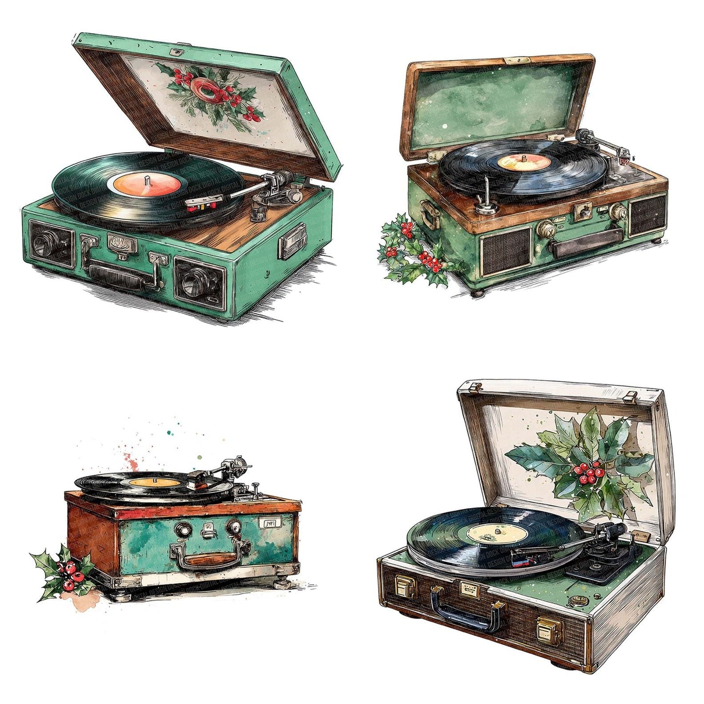 Christmas Watercolour Retro Record Player Clipart Set (DDD004944)