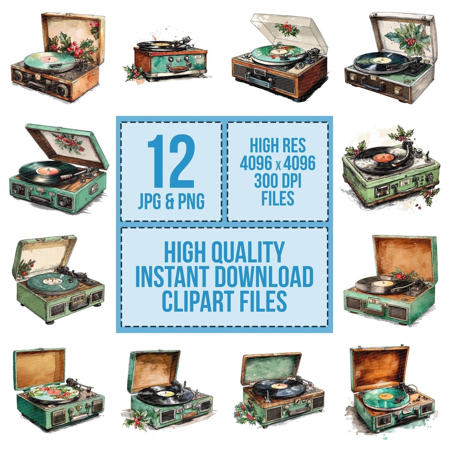 Christmas Watercolour Retro Record Player Clipart Set (DDD004944)