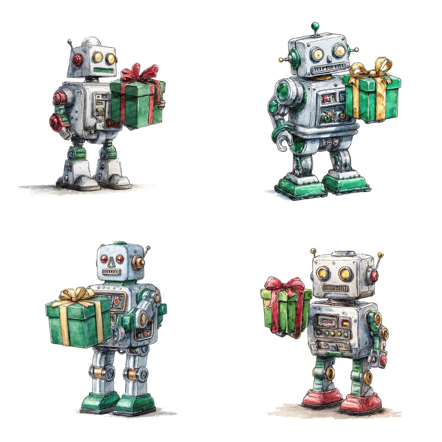 Christmas Watercolour Retro Robot Clipart Set (DDD004945)