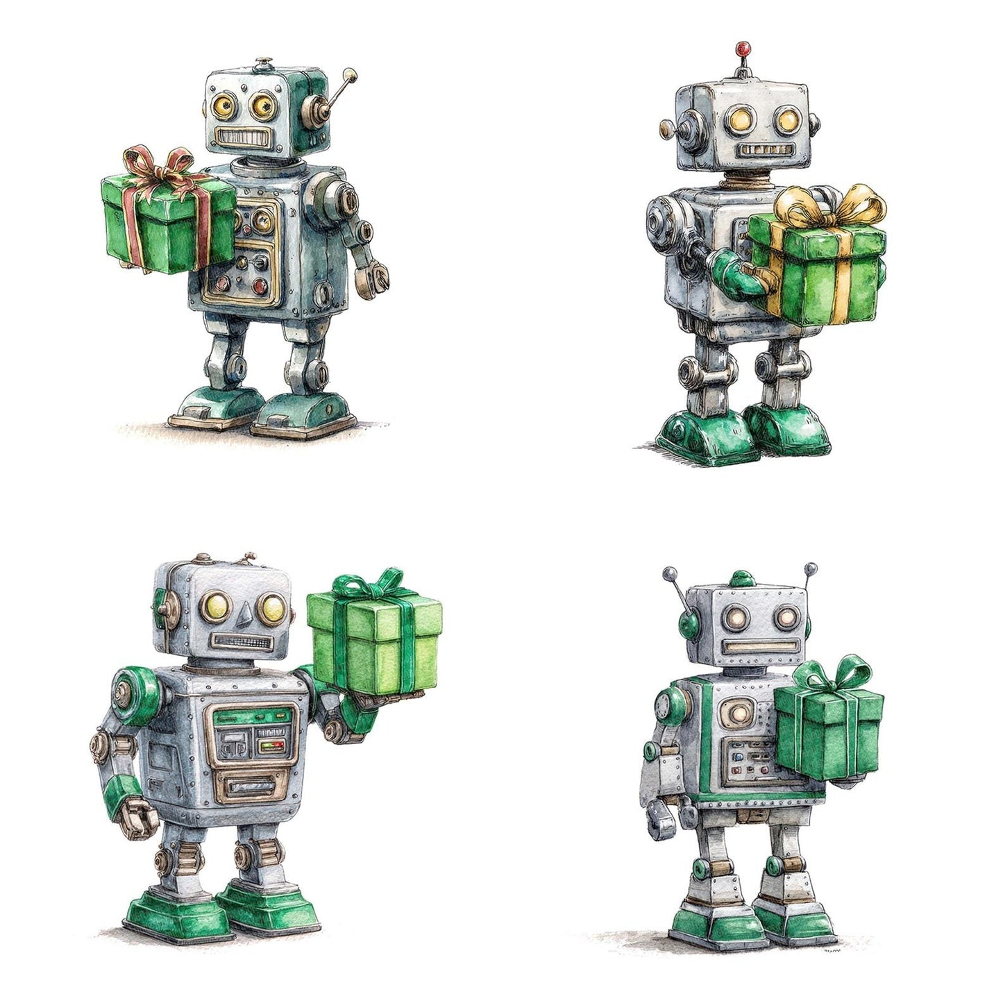 Christmas Watercolour Retro Robot Clipart Set (DDD004945)