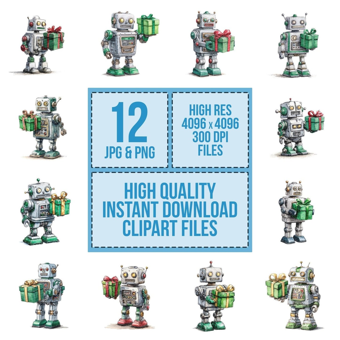 Christmas Watercolour Retro Robot Clipart Set (DDD004945)