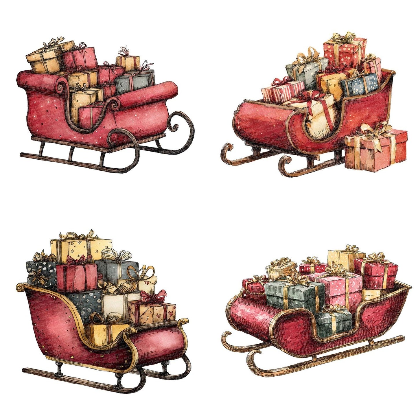 Christmas Watercolour Retro Sleigh Clipart Set (DDD004947)