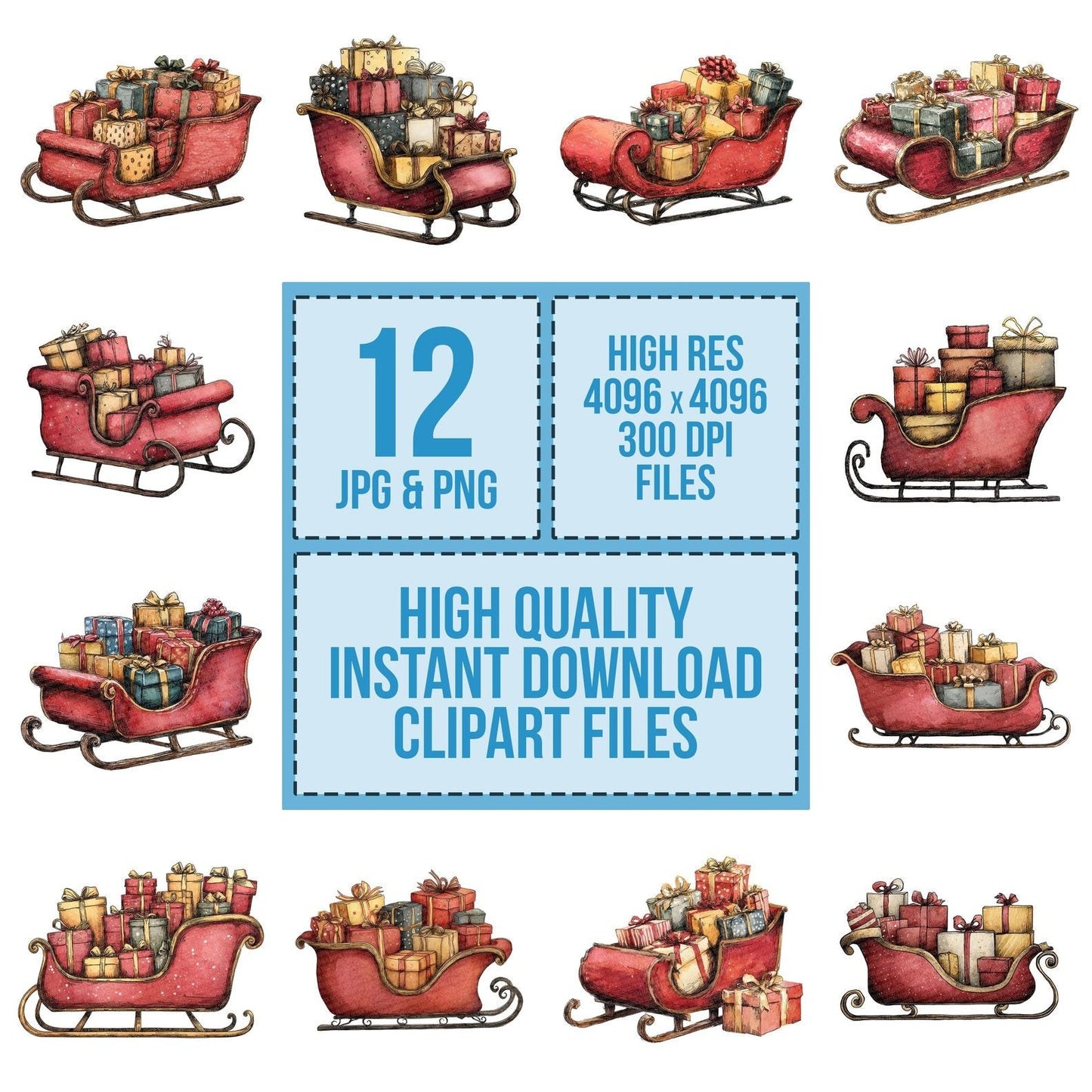 Christmas Watercolour Retro Sleigh Clipart Set (DDD004947)