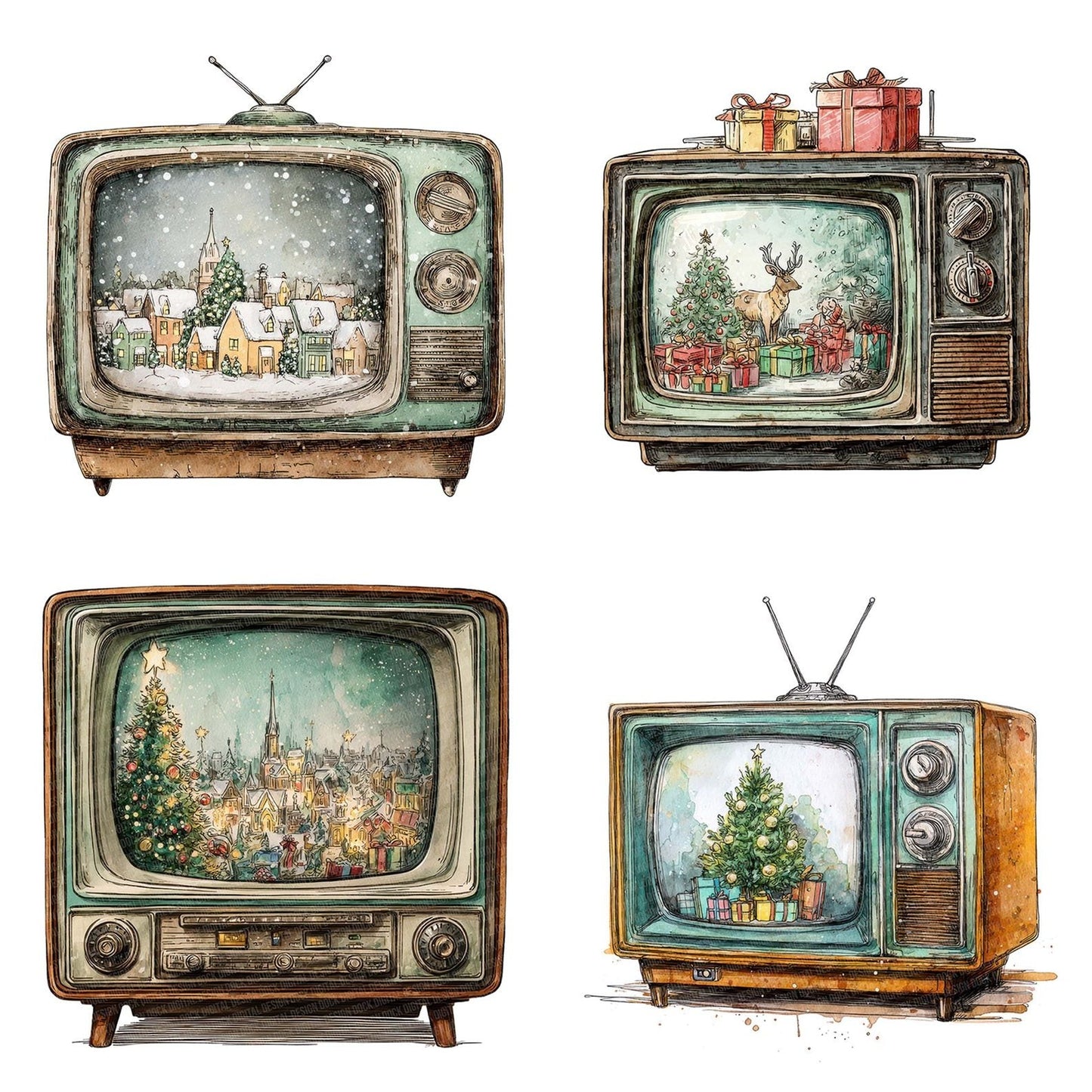 Christmas Watercolour Retro TV Clipart Set (DDD004949)