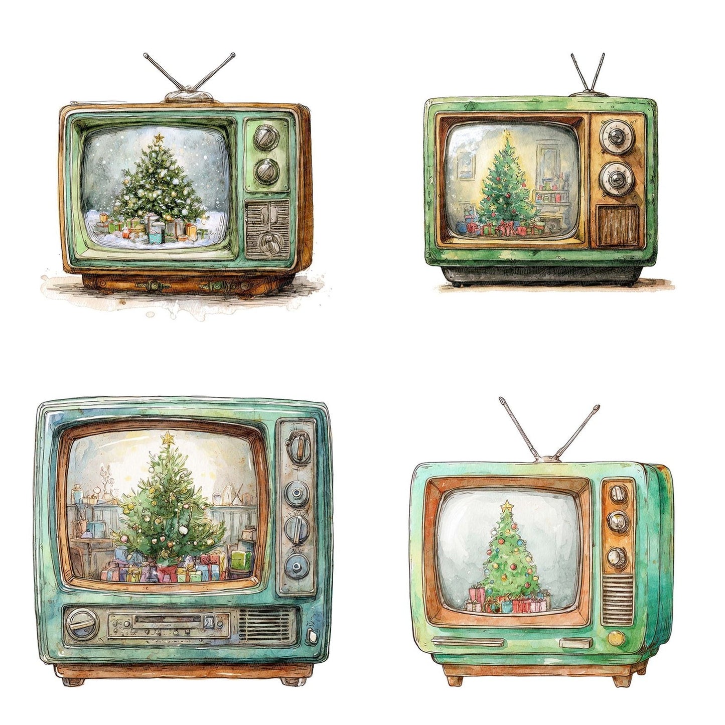 Christmas Watercolour Retro TV Clipart Set (DDD004949)