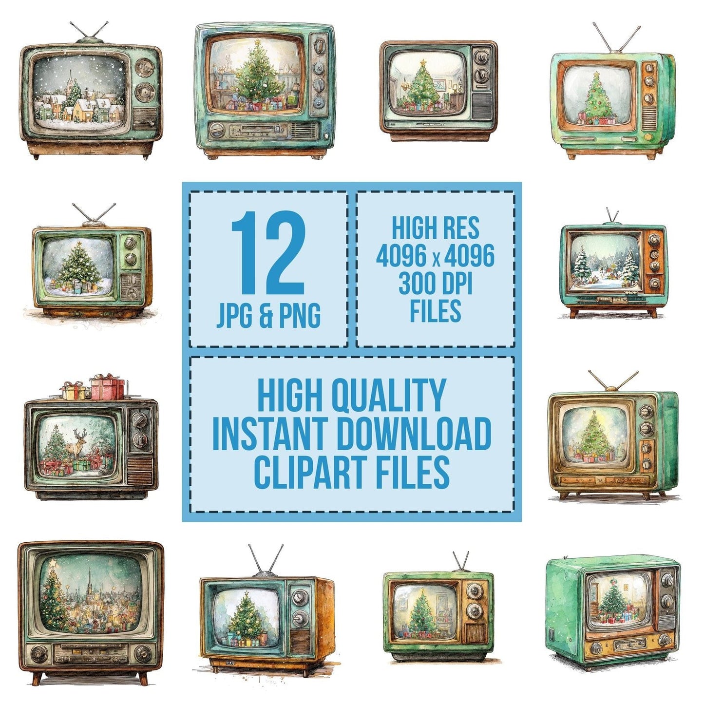 Christmas Watercolour Retro TV Clipart Set (DDD004949)