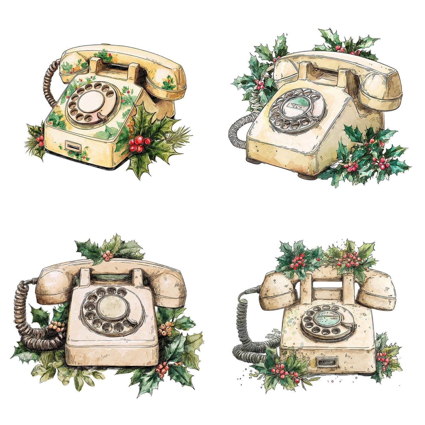 Christmas Watercolour Retro Telephone Clipart Set (DDD004948)
